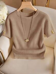 Franclia Elegant Round Neck Knit T-Shirt, Minimalist Fashion Knit T-Shirt, Summer New Arrival - Khaki - View 1