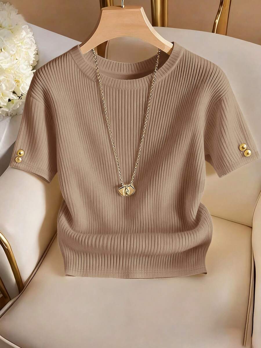 Franclia Elegant Round Neck Knit T-Shirt, Minimalist Fashion Knit T-Shirt, Summer New Arrival - Khaki - View 1