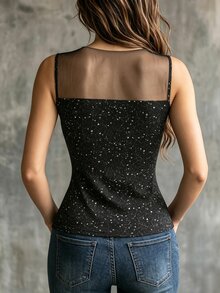 SHEIN Tank Top Wanita Elegan dengan Desain Payet dan Patchwork Jala - Hitam - View 2