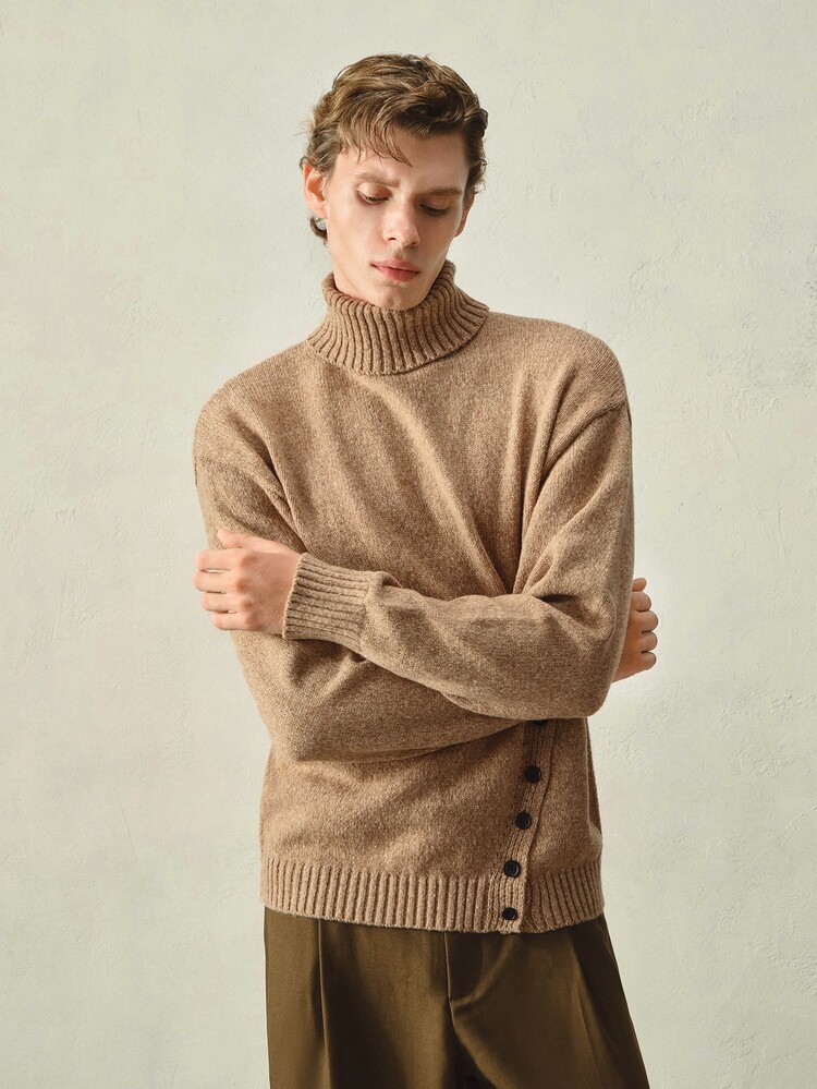 RONVEXI Suéter de cuello alto casual y versátil para hombre, otoño/invierno - Café integral - Añade 3