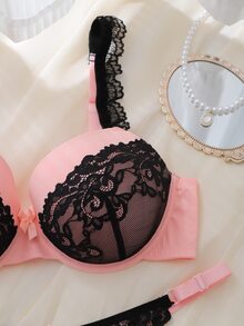 DelicateAllure 2pcs Pink Underwire Molded Cup High Support Lace Patchwork Sheer Romantic Elegant Plus Size Lingerie Set - Pink - View 3