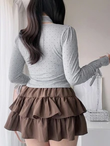 Dazy Plus Korean Style Fitted Polka Dot Pure Desire Halter Neck Tie Long Sleeve Sexy Top T-Shirt Fall - Grey - View 2