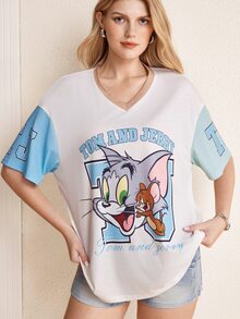 TOM & JERRY X SHEIN Women's Summer Casual Colorblock Cartoon Print T-Shirt - Apricot - View 3