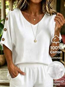 Linhara CURVE Plus Size Women Solid Color Heart Neckline Short Sleeve Button Decor Top And Casual Boho Long Pants 2 Pieces Set Daily Wear Outfit Cotton White Summer - White - View 3