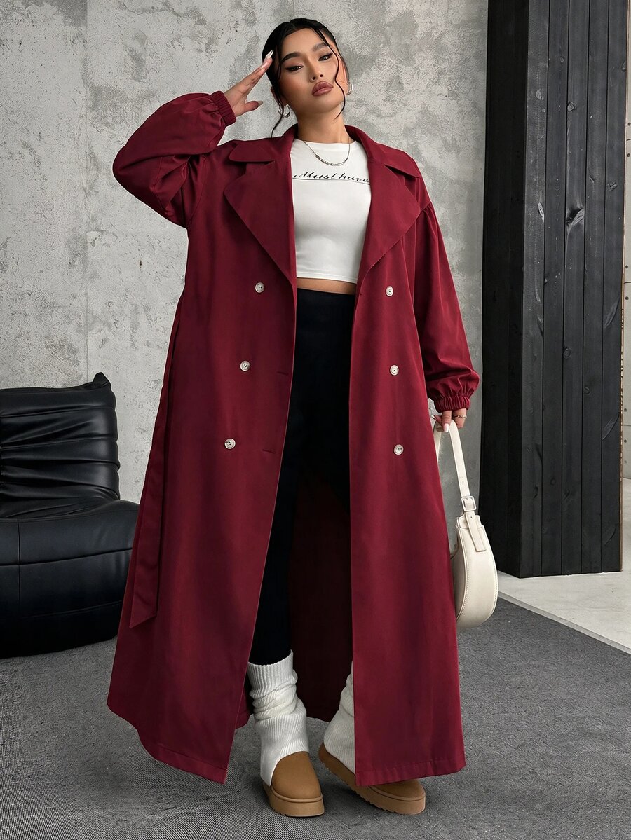 SHEIN EZwear 大尺碼女款純色時尚百搭日常休閒風衣外套 秋季 - 酒紅色 - 查看 1