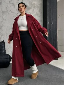 SHEIN EZwear 大尺碼女款純色時尚百搭日常休閒風衣外套 秋季 - 酒紅色 - 查看 4