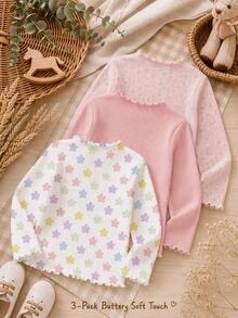 3pcs Soft Mist Color Series, Bohemian Small Ditsy Floral, Girls Casual Comfortable Soft Elastic Ribbed Ruffle Hem Tops, Suitable For Autumn/Winter Daily Wear, Layering, Back To School Wardrobe Essential Basic, Autumn/Winter Inner Layering Must-Have, Sweet And Playful Girly Style - Multicolor - View 2
