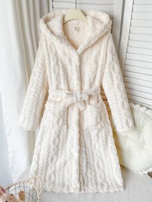 SHEIN 青少年女孩簡約秋冬舒適保暖內裡加厚純色居家服 - 白色 - 查看 2