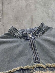 AXEPEAK Men's Washed Denim Jacket With Patch Embroidery And Elastic Cuffs - Blue - View 3