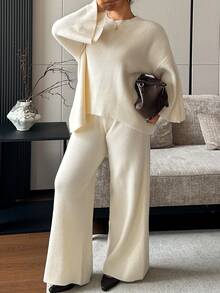 Dazy Plus Spring/Summer Loose Fit Shirt Top & Wide Leg Flowy Pants White Set Plus Size Women Spring/Summer/Autumn New 2 Pieces Outfit - Apricot - View 5