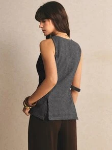 Poéselle Elegant Vintage Tweed Fabric Vest - Dark Grey - View 2