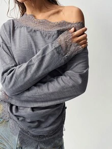 Bohemela Women's Lace Patchwork Asymmetric T-Shirt - Grey - View 4
