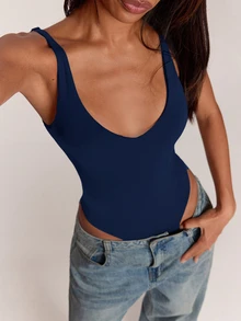 SHEIN BAE Women's Solid Color Casual Tank Top Bodysuit - Navy Blue - View 6
