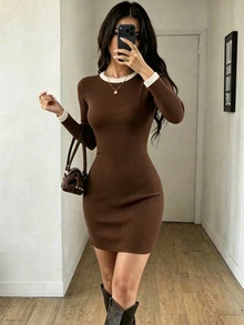 GlowEve Gentle Elegant Brown Colorblock Round Neck Long Sleeve Knit Dress, Slim Fit Flattering Ribbed Bodycon Mini Dress, Simple Versatile Commuter Hot Girl Style Dress - Brown - View 6