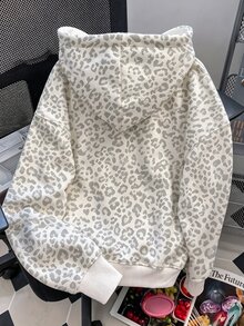EMERY ROSE 女款秋冬豹紋連帽字母印花運動衫，適合戶外穿著、節慶穿搭、街頭攝影、街頭風，背面T字設計 - 彩色 - 查看 2