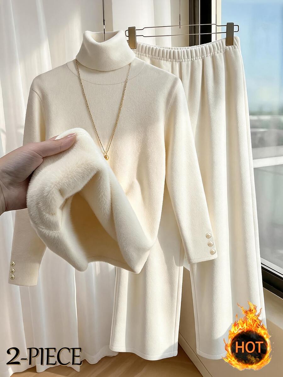 SHEIN Franclia Soft Aesthetic Fall Winter Two Pieces Co-Ord Set Off White Plush Velvet Turtleneck Top Gold Decorative Cuff Buttons High Waist Flared Wide Leg Pants - Apricot - View 1