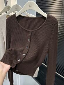 Muvela Cardigan Rajut Wanita Lengan Panjang Warna Polos Kancing Tunggal Kasual Minimalis Dasar Cokelat Tua Musim Gugur - Coffee Brown - View 5