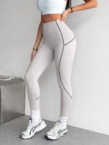 SHEIN Dewbera Women's High-Waist Curved Design Light Gray Tight-Fitting Sports Leggings For Outdoor Exercise - Light Grey - View 4