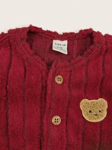 SHEIN 新生兒可愛針織紅色卡通熊圖案居家連身衣 - 紅色 - 查看 5
