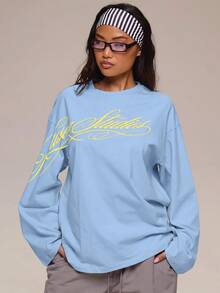 MUSERA 白色圖案 Logo 細節長袖上衣 冬季休閒日常舒適穿搭 女款酷白色上衣 - 淺藍色 - 查看 5