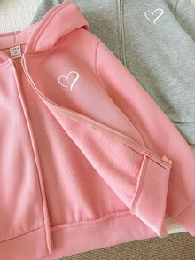 SHEIN Young Girl Solid Color Kids Heart Pattern Knitted Hooded Casual Autumn Sweatshirt 2pcs -Piece Set - Multicolor - View 6