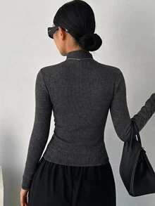 DAZY 女款高領長袖修身底層T恤 秋季 - 黑色 - 查看 4