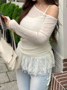 Dazy Plus Korean Style Asymmetrical Shoulder Ruffle Camisole & Casual Long Sleeve 2 Pieces Set - Apricot - View 4