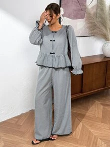 SHEIN Frenchy Plus Size Women's Plaid Pleated Long Sleeve Top And Pants Casual Daily 2 Pieces Set Elegant Daily Office Business Work Sets For Women Fall/Winter - Black and White - View 3