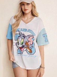 TOM & JERRY X SHEIN Women's Summer Casual Colorblock Cartoon Print T-Shirt - Apricot - View 4