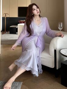Dazy Plus Romantic Lace Contrast Mesh Camisole Maxi Dress Pajama Set, Soft Purple Fall - Purple - View 7