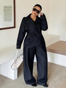 Dazy Plus Loose Tie-Up Lapel Long Sleeve Denim Top And Pants Casual Spring Summer Autumn New Denim Two Pieces Set - Dark Wash - View 5