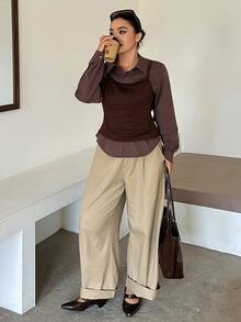 Dazy Plus Striped Fitted Waist Long Sleeve Shirt & Slim Camisole Casual Sexy Top 2 Pieces Set, Spring/Autumn - Brown - View 6