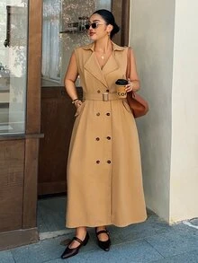 Dazy Plus Vacation Holiday Outfit Sleeveless Double-Breasted Waist-Cinching Tie-Front Khaki Denim Dress - Khaki - View 4