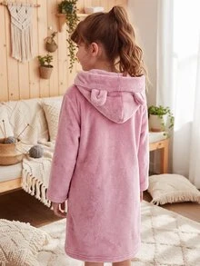 SHEIN 少女秋/冬季甜美卡通3D設計厚抓絨連帽長袖抽繩家居服浴袍睡衣 粉色女童睡衣 - 藕粉色 - 查看 8