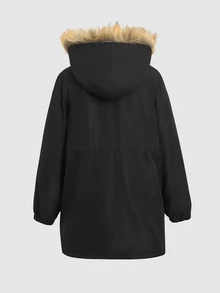 SHEIN 少女休閒花卉印花保暖內裡連帽派克夾克，秋冬返校穿搭 - 黑色 - 查看 4