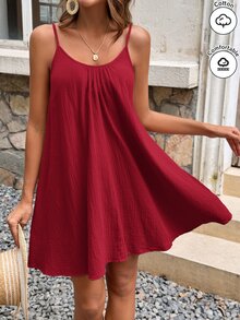 SHEIN Frenchy 女款純色棉質肌肉感細肩帶夏季度假風洋裝 - 玫瑰紅 - 查看 2
