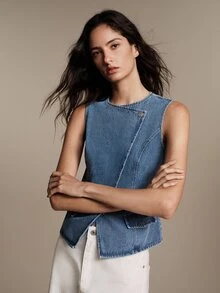 Anewsta Essential Spring/Summer Commute French Style Denim Waist-Cinching Sleeveless Light Blue Vest - Baby Blue - View 6