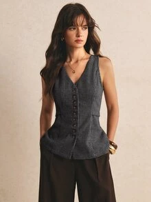 Poéselle Elegant Vintage Tweed Fabric Vest - Dark Grey - View 3
