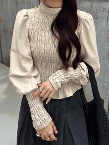 FRIFUL Women's Solid Color Pleated Casual Versatile Daily Long Sleeve T-Shirt Fall - Apricot - View 1