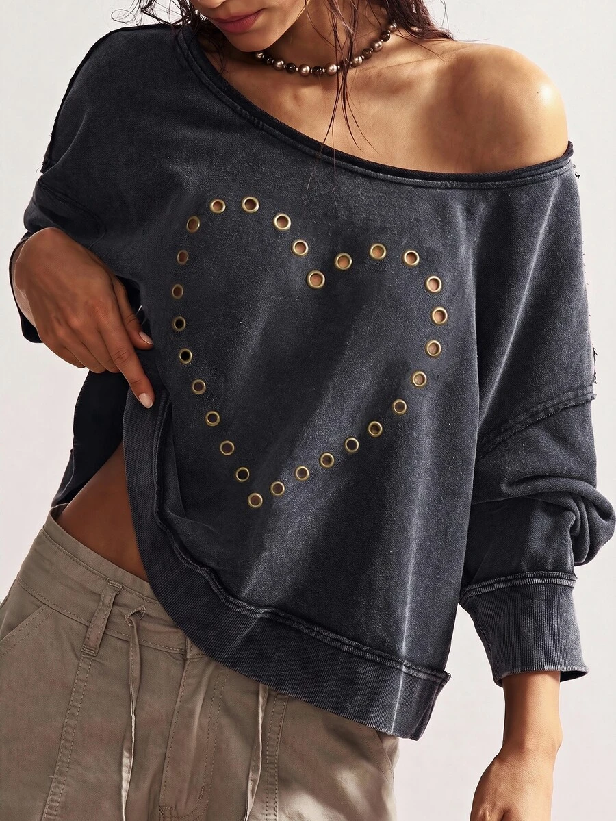 Bohemela Sweatshirt Kasual Lengan Panjang Wanita dengan Desain Hati & Mata Ayam dan Bahu Longgar - Hitam - View 1
