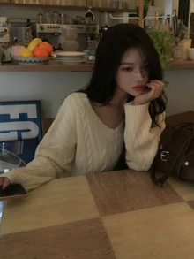 DAZY Women's Solid Color Loose Short V-Neck Long Sleeve Pullover Cable Knit Casual Vacation Spring Autumn Sweater - Apricot - View 3