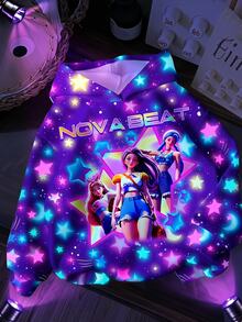 SHEIN 螢光效果！K-Pop 女團趣味星星與月亮圖案，青少年女孩休閒衛衣，韓系風格，輕鬆舒適，時尚童裝，Y2K，可愛，派對，日常，度假，舒適 - 彩色 - 查看 5