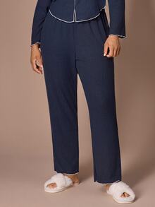 Lazeform Minimalist Contrast Trim Ribbed Plus Size Pajama 2 Pieces Set, Lapel Long Sleeve Cardigan, Soft & Comfortable Loungewear Set - Navy Blue - View 3