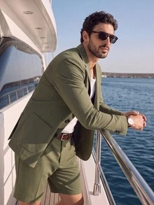 Suiteron Men's Solid Color Long Sleeve Jacket And Shorts Casual Suit Set Men's Italian-Style Relaxed Casual Suit Set For Vacation, Daily Commuting, Old Money - Army Green - View 1