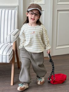 DAZY 2pcs/Set Baju Sweatshirt Lengan Panjang Bergaris Leher Bulat dan Celana Sweatpants untuk Bayi Perempuan (Musim Gugur) - Aprikot - View 1