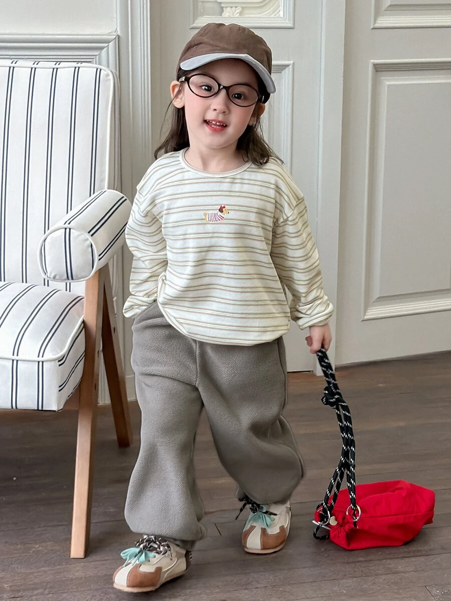 DAZY 2pcs/Set Baju Sweatshirt Lengan Panjang Bergaris Leher Bulat dan Celana Sweatpants untuk Bayi Perempuan (Musim Gugur) - Aprikot - View 1