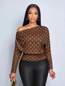 SOLERSUN Women's Brown Monogram Print Off Shoulder Long Sleeve TopRuched Slim Fit Tee With Stretch Fabric - Brown - View 4
