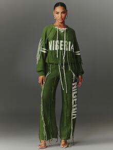 NYA SZN Sweater Lengan Panjang Bergaris Rumbai "Nigeria" Gym Perjalanan Athleisure Nyaman Olahraga Chic Kasual Festival Lucu Liburan Longgar Hijau Musim Gugur Musim Dingin - Hijau - View 4