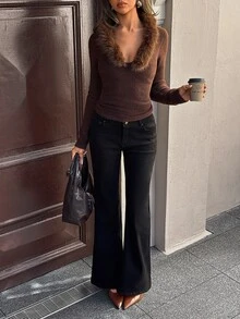 Aloruh Vintage Fashion Fur Collar Patchwork Pullover Long Sleeve Sweater - Coffee Brown - View 6
