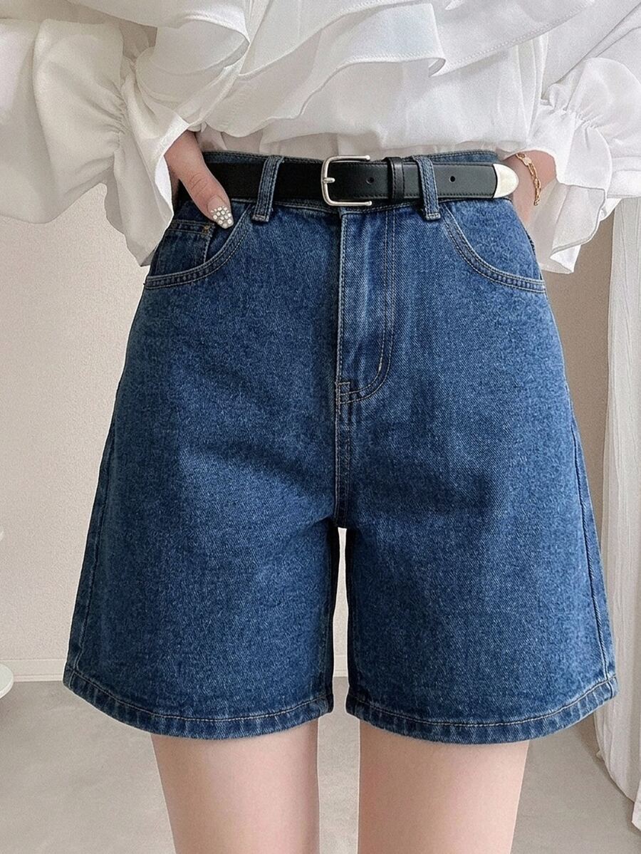 DAZY 夏季新款舒適休閒寬鬆女款牛仔5吋短褲 - 深色水洗藍 - 查看 1
